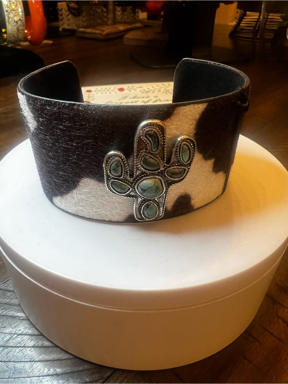 Cowhide Cuff Bracelet with Turquoise Cactus Accent - Black & White